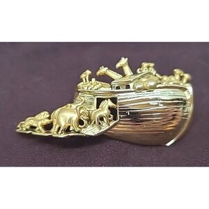 AJC Noahs Ark Gold Tone Brooch American Jewelry Chain Co Costume Jewelery Signed